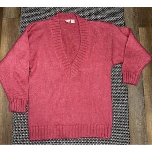 Clifford & Wills Deep V Neck Mohair Sweater Fuzzy Chunky Long Dusty Rose Sz‎ L